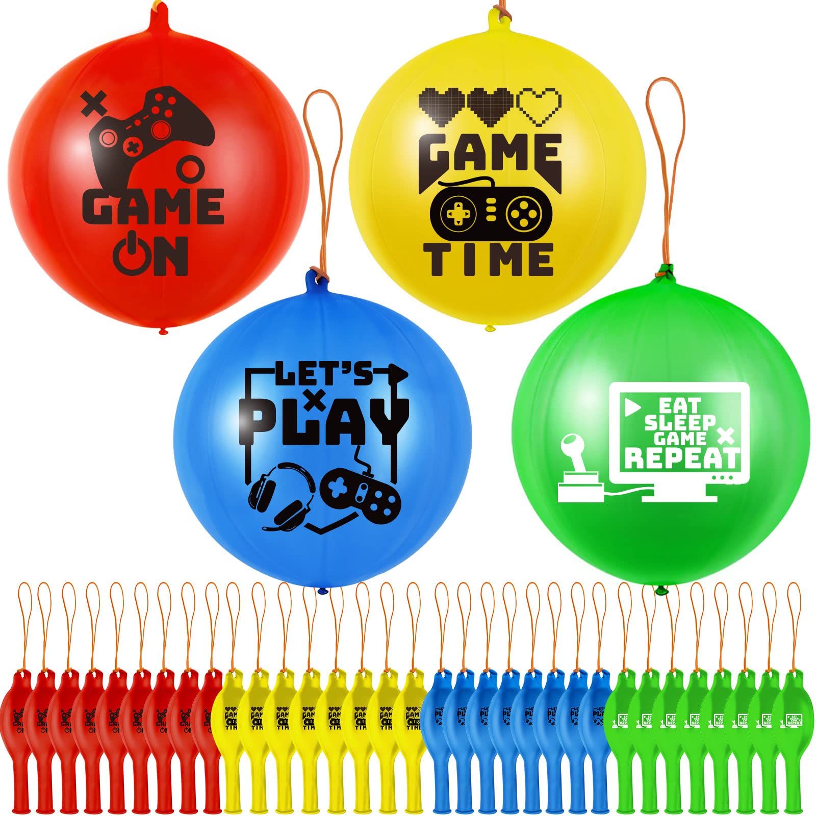 32 Pcs Video Game Punch Balloons Pixelated Punch Ball Pixel Video Game Punching Balls Latex Punch Balls Toys for Fun Games, Birthday Party Favors Supplies, Goodie Bag Filler (Blue, Red, Yellow, Green)