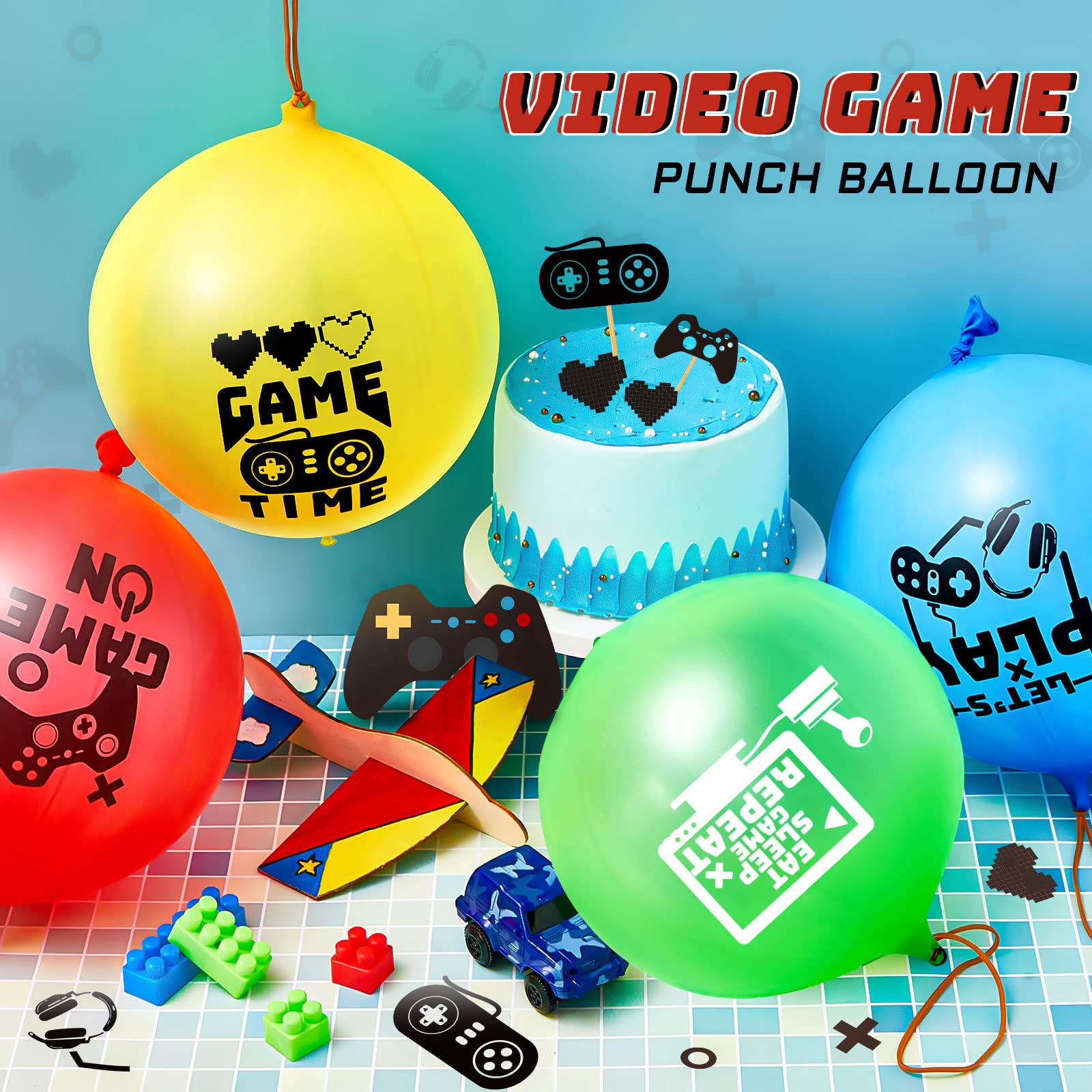 32 Pcs Video Game Punch Balloons Pixelated Punch Ball Pixel Video Game Punching Balls Latex Punch Balls Toys for Fun Games, Birthday Party Favors Supplies, Goodie Bag Filler (Blue, Red, Yellow, Green)