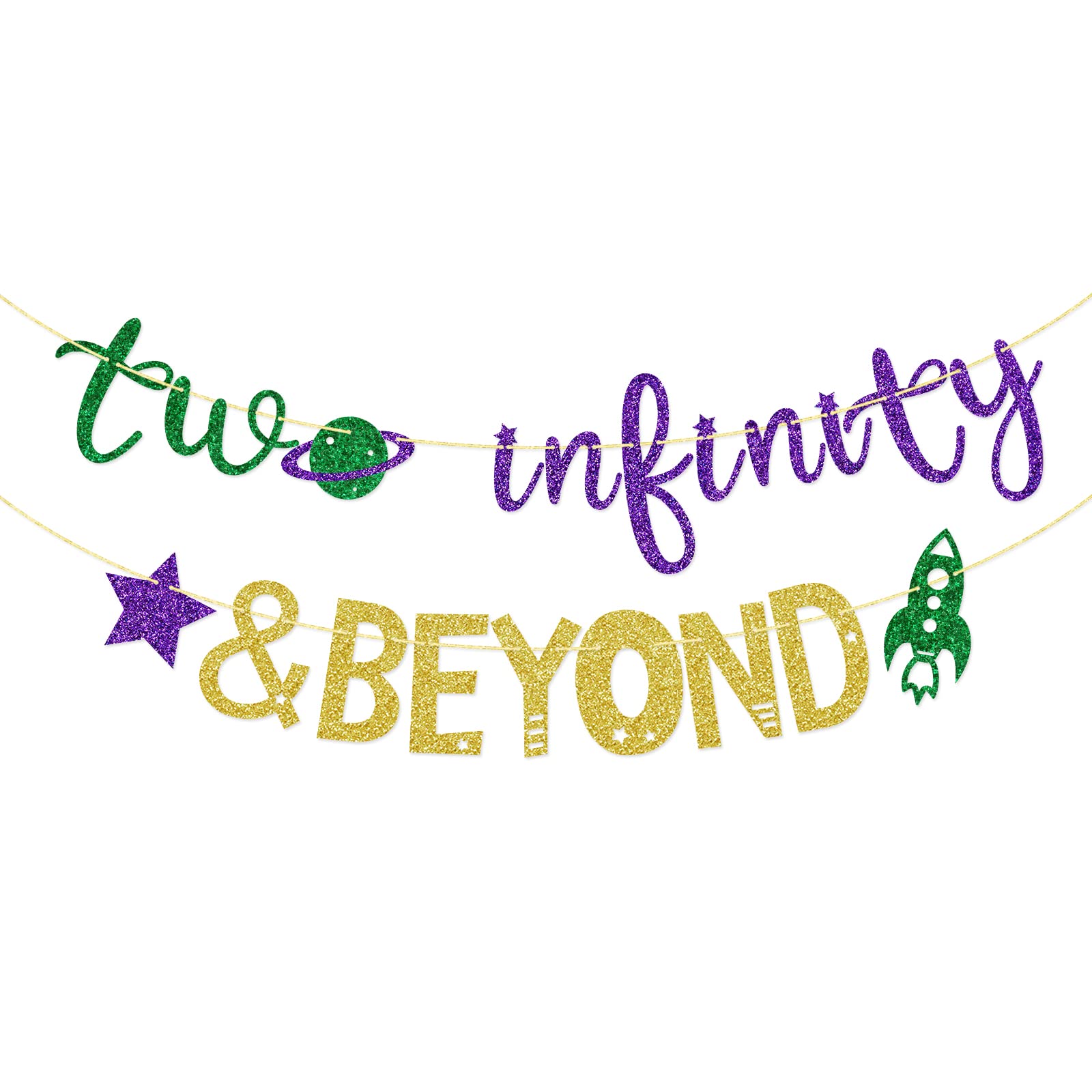 Two Infinity and Beyond Banner, 2 Years Old Banner, Space Themed Birthday Banner, 2nd Birthday Party Decor (Green Gold Purple)