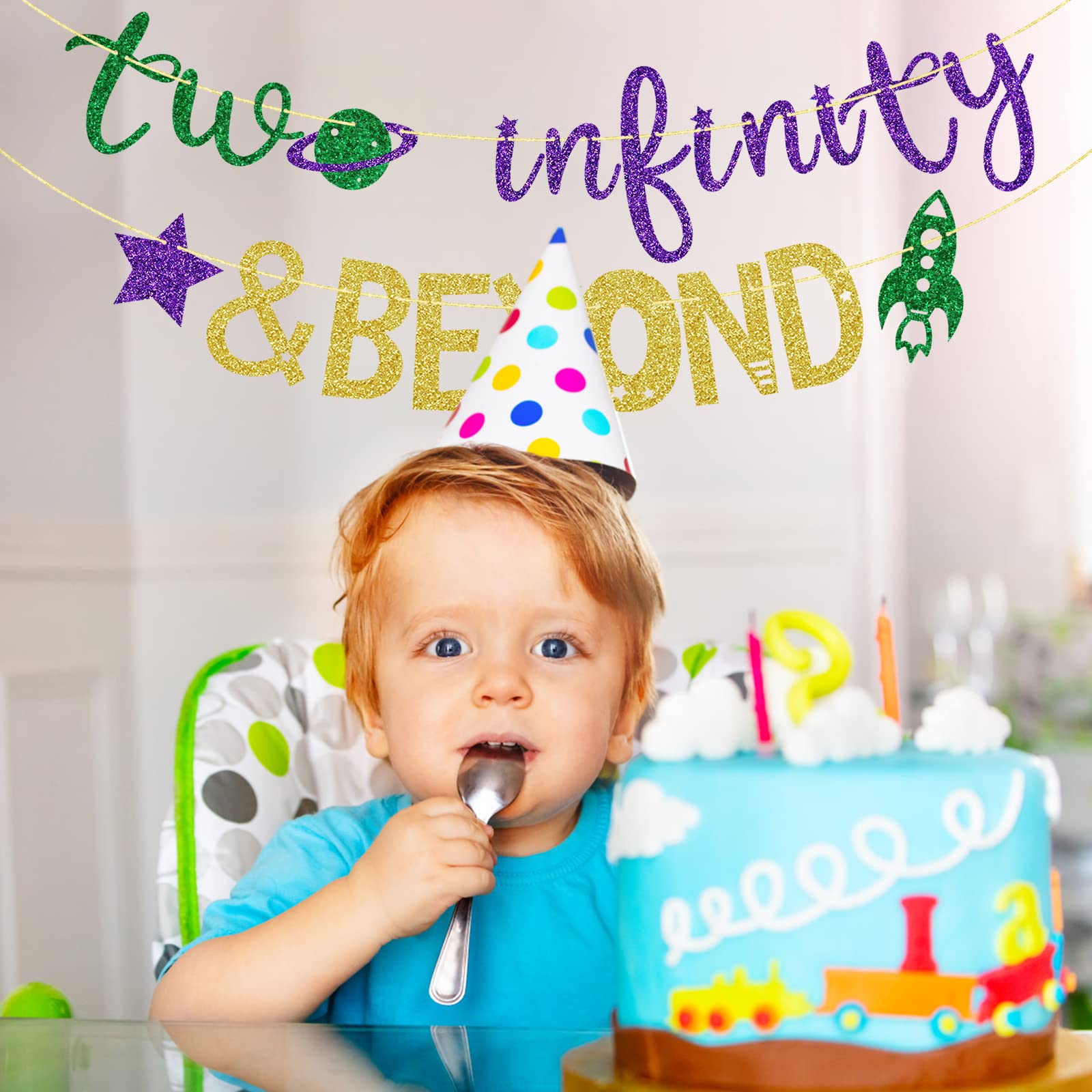 Two Infinity and Beyond Banner, 2 Years Old Banner, Space Themed Birthday Banner, 2nd Birthday Party Decor (Green Gold Purple)