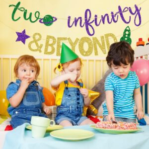 Two Infinity and Beyond Banner, 2 Years Old Banner, Space Themed Birthday Banner, 2nd Birthday Party Decor (Green Gold Purple)