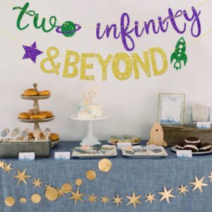 Two Infinity and Beyond Banner, 2 Years Old Banner, Space Themed Birthday Banner, 2nd Birthday Party Decor (Green Gold Purple)