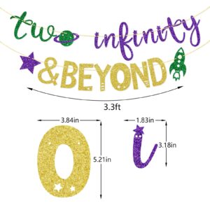 Two Infinity and Beyond Banner, 2 Years Old Banner, Space Themed Birthday Banner, 2nd Birthday Party Decor (Green Gold Purple)
