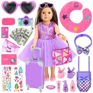 30 PCS 18 Inch Girl Doll Accessories Suitcase Travel Play Set - Camera, Suitcase Stickers, Toiletries, Pillow, Blindfold, Sunglasses, Passport, Tickets, Cash, Fit for 18 Inch Girl Doll