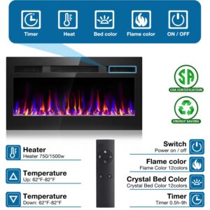 31 Inch Electric Fireplace Recessed and Wall Mounted, Fireplace Heater and Linear Fireplace, Ultra-Thin Electric Fireplace, Low Noise, with Timer, Remote Control, Adjustable 12 Flame Color, 750/1500W