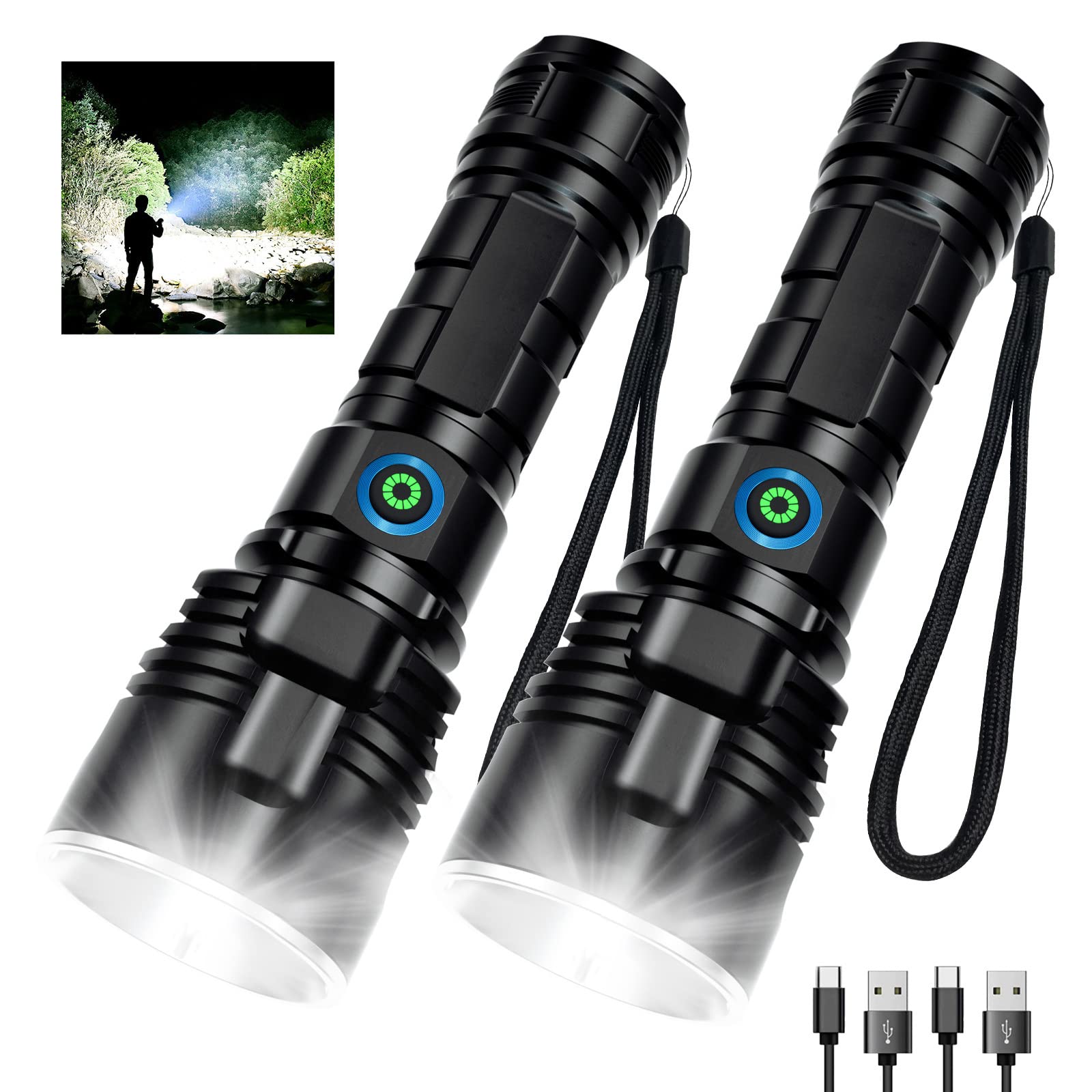 MILAOSHU Rechargeable Flashlights 900,000 High Lumens - 2 Pack, 12 Hours Powerful LED Flash Light with 3 Modes, Super Bright & IPX5 Waterproof Torch for Camping, Home, Emergencies