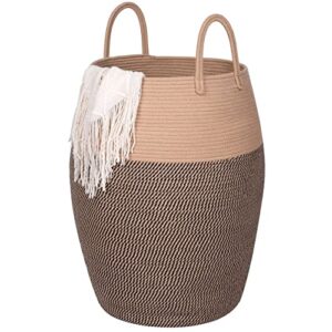 mintwood design extra large 25.6 inches high decorative woven cotton rope basket, tall laundry hamper with handles, blanket basket living room, storage baskets for toys, throws, pillow, black jute mix
