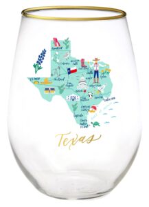 mary square state of texas gold foil 16 ounce glass stemless wine glass