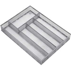 neudeco silverware drawer organizer holder, cutlery tray silverware flatware storage divider for kitchen, bedroom, living room,mesh wire with non-slip foam feet, 5 compoment（ silver）