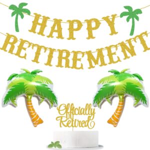 beach theme retirement party decorations - gold glitter happy retirement banner & happy retirement cake topper & coconut tree balloons for beach theme retirement party supplies retired gift ideas