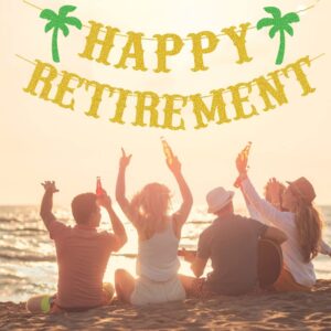 Beach Theme Retirement Party Decorations - Gold Glitter Happy Retirement Banner & Happy Retirement Cake Topper & Coconut Tree Balloons for Beach Theme Retirement Party Supplies Retired Gift Ideas