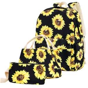 sunflower backpack for teen girls, floral school bags bookbags with lunch box pencil case