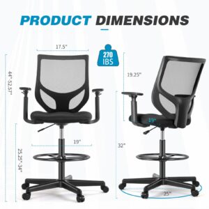 Drafting Chair, Standing Desk Chair with Adjustable Armrests and Foot Ring, Height Adjustable Tall Office Chair with Ergonomic Lumbar Support, 360 Degree Swivel Rolling Chair, Breathable Mesh Chair