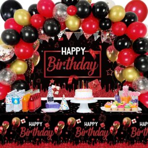 red and black birthday party decorations - red black and gold balloons garland arch kit with red happy birthday backdrop and table cover for men women boy girl bady party supplies