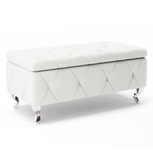 lue bona storage ottoman bench, 38'' upholstered white faux leather ottoman with crystal tufted button, flip top foot rest, end of bed bench seat for bedroom, living room, vanity, 350lbs