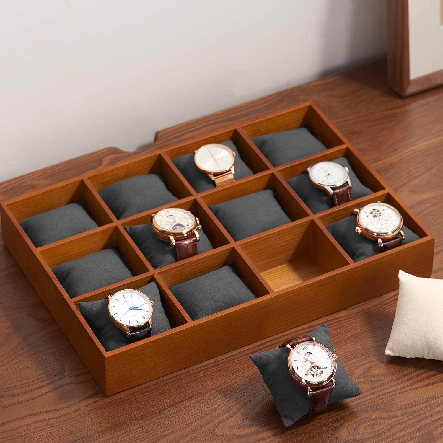 Woodten Solid Wood Watch Storage Tray for Drawer Watch Pillow Organizer Display Tray Showcase (Gray)