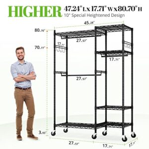 HOKEEPER Heavy Duty 6-Tier Metal Clothes Rack with Adjustable Shelves and Lockable Wheels, 860 lbs Capacity, 6 Shelves, 3 Hanging Rods, 2 Hooks, Easy Assembly