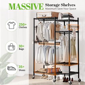 HOKEEPER Heavy Duty 6-Tier Metal Clothes Rack with Adjustable Shelves and Lockable Wheels, 860 lbs Capacity, 6 Shelves, 3 Hanging Rods, 2 Hooks, Easy Assembly