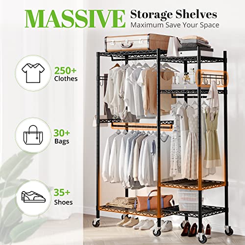 HOKEEPER Heavy Duty 6-Tier Metal Clothes Rack with Adjustable Shelves and Lockable Wheels, 860 lbs Capacity, 6 Shelves, 3 Hanging Rods, 2 Hooks, Easy Assembly