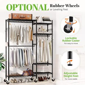 HOKEEPER Heavy Duty 6-Tier Metal Clothes Rack with Adjustable Shelves and Lockable Wheels, 860 lbs Capacity, 6 Shelves, 3 Hanging Rods, 2 Hooks, Easy Assembly