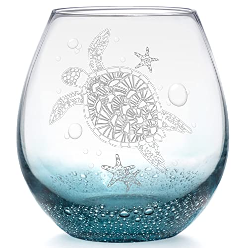 Sea Turtle Stemless Wine Glass for Women, 19 Oz Ideal Unique Birthday Gifts for Turtle Lovers, Mother's Day Gifts for Her Ocean Coastal Theme Beach Party Man Mom Friends (Bubbly Teal)
