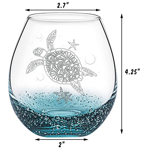 Sea Turtle Stemless Wine Glass for Women, 19 Oz Ideal Unique Birthday Gifts for Turtle Lovers, Mother's Day Gifts for Her Ocean Coastal Theme Beach Party Man Mom Friends (Bubbly Teal)