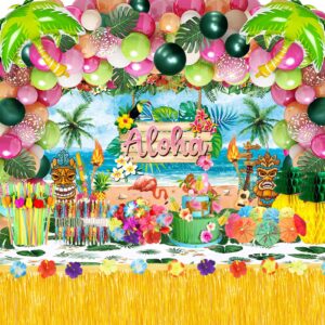 hawaiian luau party decorations(161 pcs), tropical summer beach pool party supplies including aloha backdrop, table skirt, tablecloth, flamingo, palm leaves and hibiscus, balloons arch, straws,