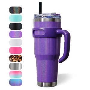 zibtes 40oz insulated tumbler with lid and straws, stainless steel double vacuum coffee tumbler with handle, lovely travel cup for home, office, party (glitter purple 1 pack)