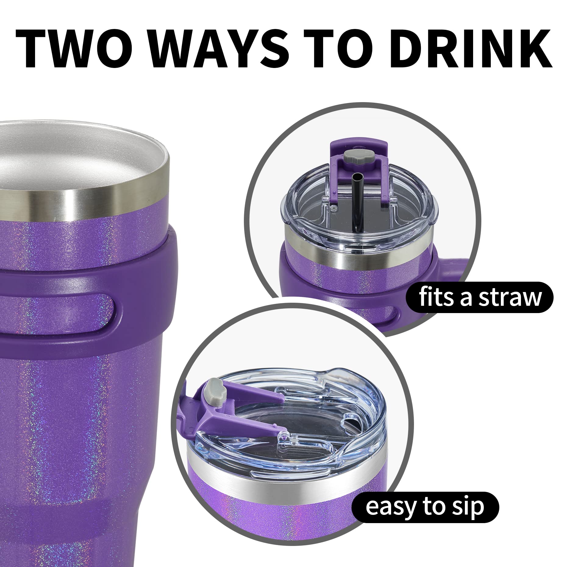 Zibtes 40oz Insulated Tumbler With Lid and Straws, Stainless Steel Double Vacuum Coffee Tumbler With Handle, lovely Travel Cup for Home, Office, Party (Glitter Purple 1 pack)