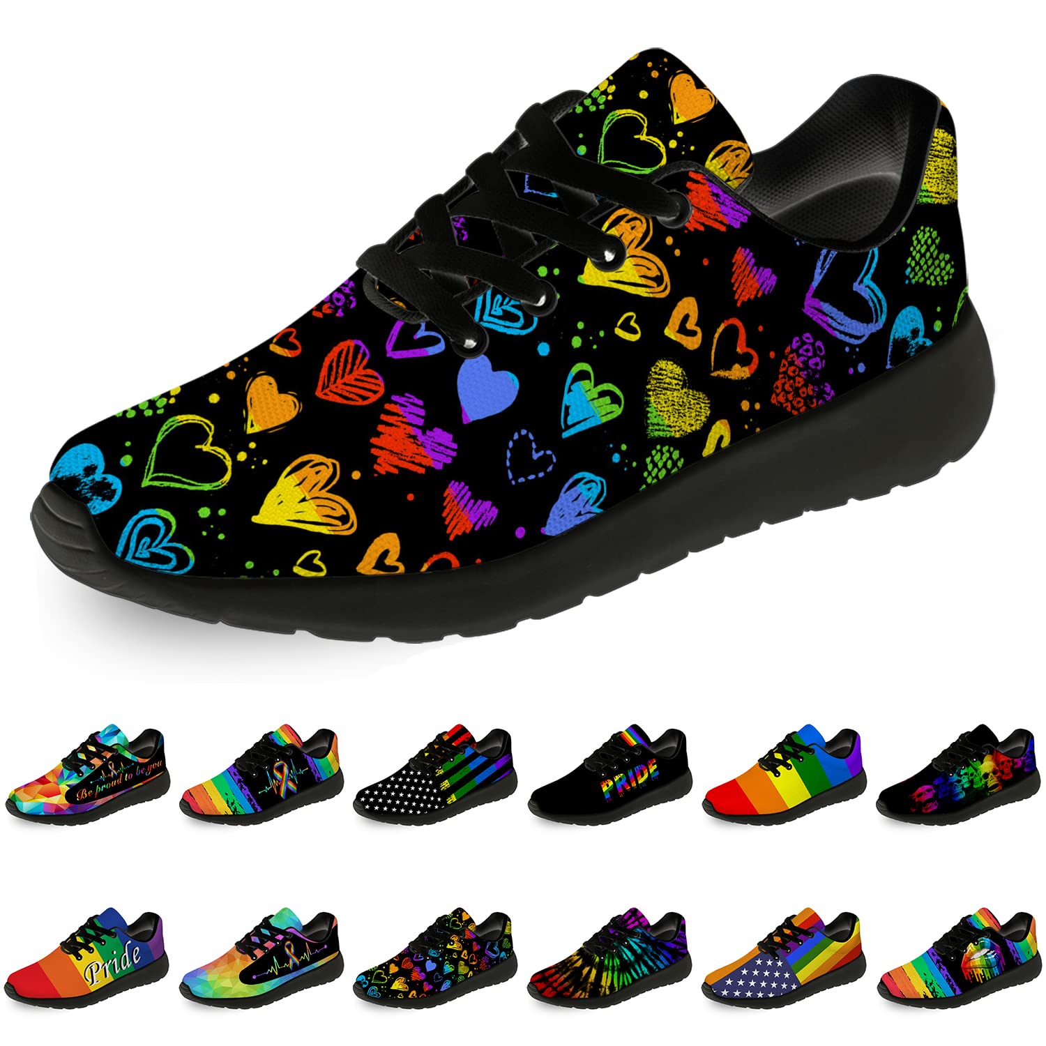 horethy Mens Womens Gay Pride Shoes Running Shoes Walking Tennis Sneakers Rainbow Heart LGBTQ Lesbian Shoes Gifts for Men Women,Size 9.5 Men/11 Women Black