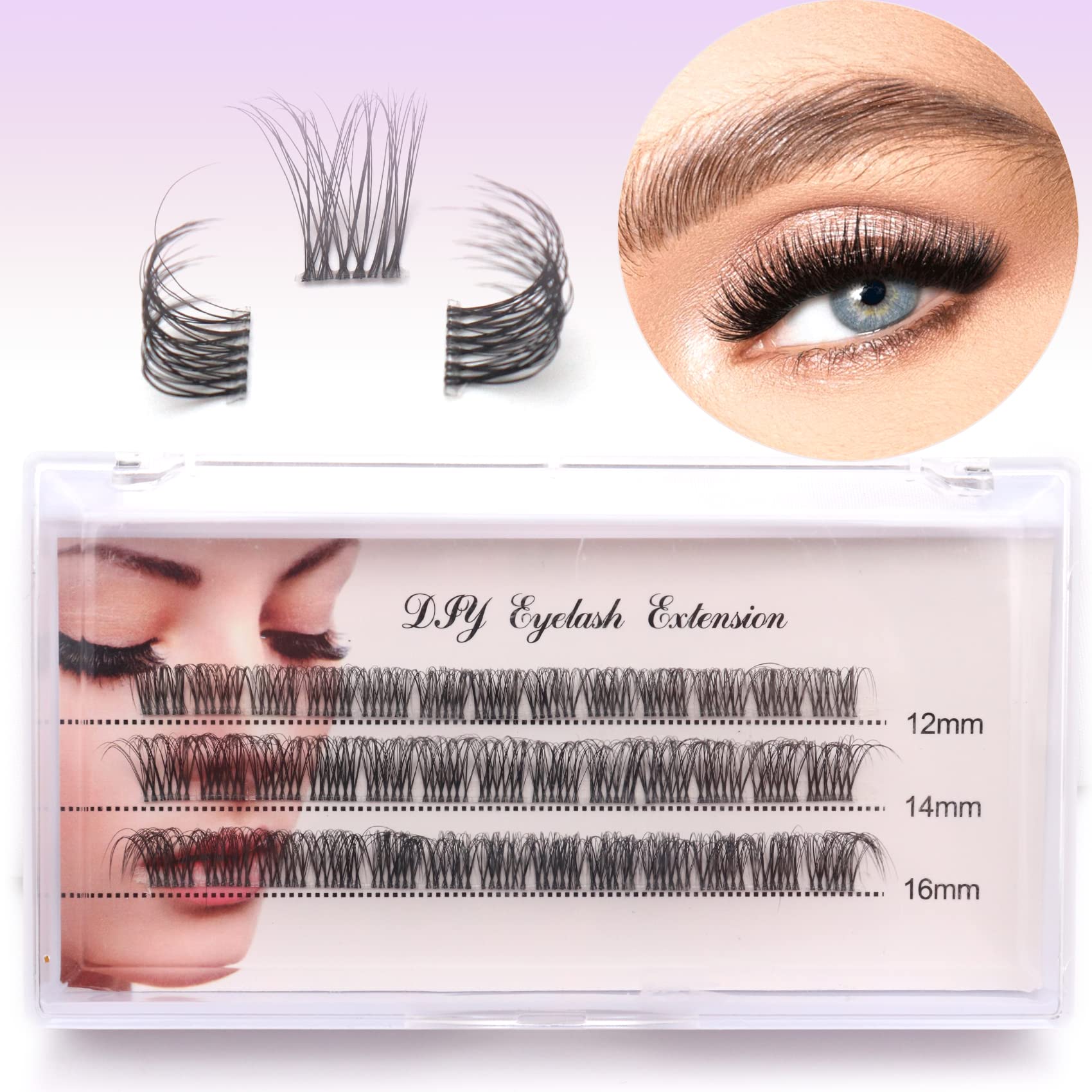 Veleasha DIY Eyelash Extension Individual Lashes with Clear Band D Curl Lash Extension Strip 39 Clusters Reusable Wispy False Eyelashes for Personal DIY at Home / FD02 12-16MM