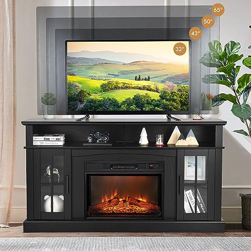 GOFLAME 58" TV Stand with Electric Fireplace Insert, Fireplace Entertainment Center with Side Cabinets & Adjustable Shelves, Overheat Protection, Remote Control & Timer for TVs up to 65 Inches (Black)