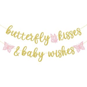 butterfly kisses and baby wishes banner, butterfly themed baby shower decorations for girl, pre-assembled, gold glitter