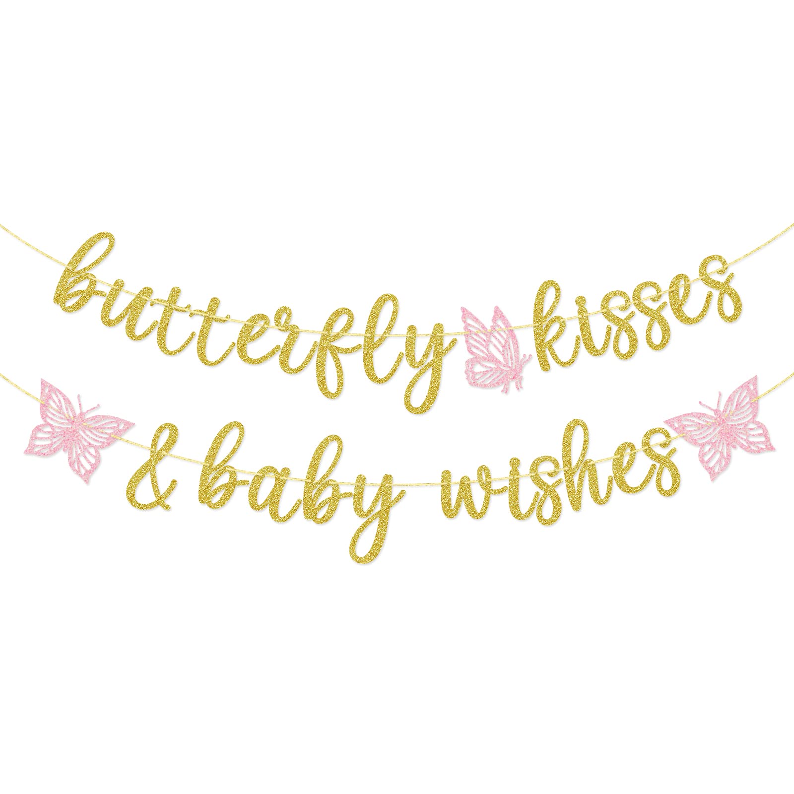 Butterfly Kisses and Baby Wishes Banner, Butterfly Themed Baby Shower Decorations for Girl, Pre-assembled, Gold Glitter