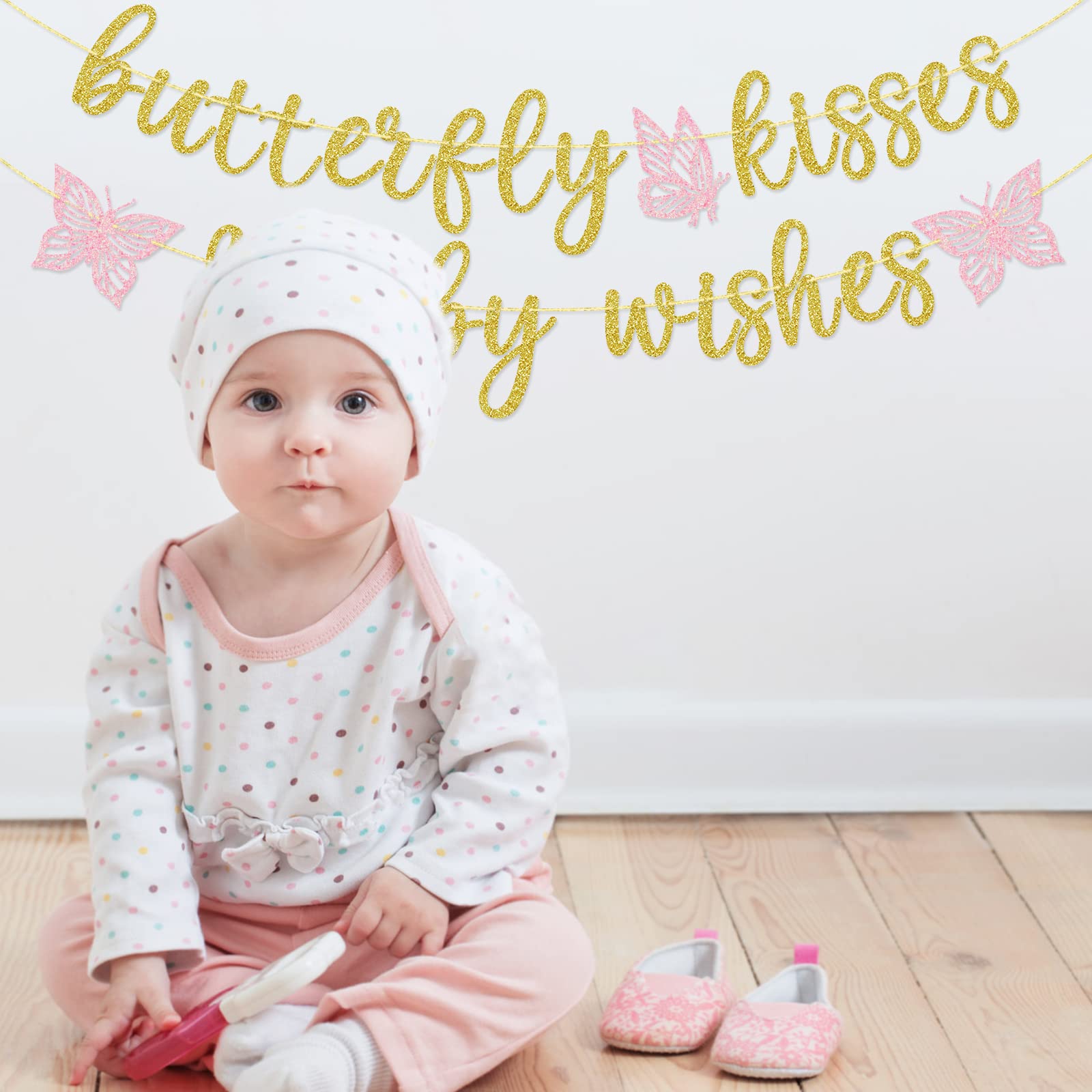 Butterfly Kisses and Baby Wishes Banner, Butterfly Themed Baby Shower Decorations for Girl, Pre-assembled, Gold Glitter