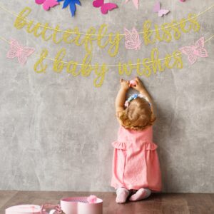 Butterfly Kisses and Baby Wishes Banner, Butterfly Themed Baby Shower Decorations for Girl, Pre-assembled, Gold Glitter