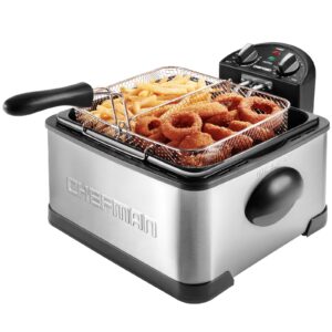 chefman 4.5l dual cook pro deep fryer with basket strainer and removable divider, jumbo xl size, adjustable temp & timer, perfect for chicken, fries, chips and more, easy to clean, stainless steel