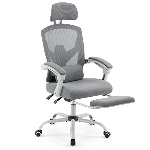 Ergonomic High Back Office Chair with Lumbar Pillow and Retractable Footrest, Mesh Office Chair with Padded Armrests and Adjustable Headrest, Swivel Rolling Chair, Height Adjustable