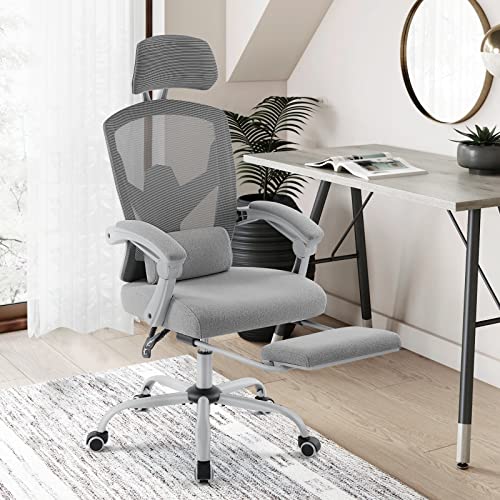 Ergonomic High Back Office Chair with Lumbar Pillow and Retractable Footrest, Mesh Office Chair with Padded Armrests and Adjustable Headrest, Swivel Rolling Chair, Height Adjustable