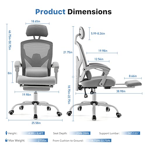 Ergonomic High Back Office Chair with Lumbar Pillow and Retractable Footrest, Mesh Office Chair with Padded Armrests and Adjustable Headrest, Swivel Rolling Chair, Height Adjustable