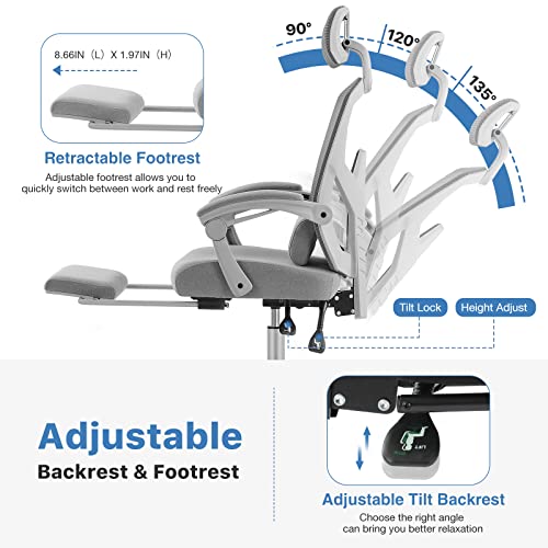 Ergonomic High Back Office Chair with Lumbar Pillow and Retractable Footrest, Mesh Office Chair with Padded Armrests and Adjustable Headrest, Swivel Rolling Chair, Height Adjustable