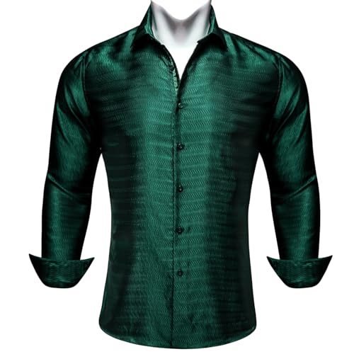 Barry.Wang Mens Shirt Solid Green Dress Shirts Christmas Silk Long Sleeve Button Up Wedding Formal/Casual St.Patrick'sDay