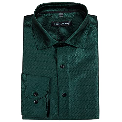 Barry.Wang Mens Shirt Solid Green Dress Shirts Christmas Silk Long Sleeve Button Up Wedding Formal/Casual St.Patrick'sDay