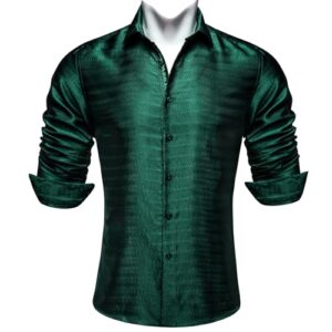 Barry.Wang Mens Shirt Solid Green Dress Shirts Christmas Silk Long Sleeve Button Up Wedding Formal/Casual St.Patrick'sDay