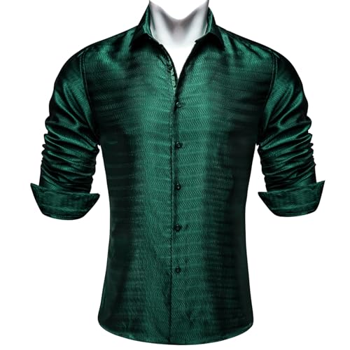 Barry.Wang Mens Shirt Solid Green Dress Shirts Christmas Silk Long Sleeve Button Up Wedding Formal/Casual St.Patrick'sDay