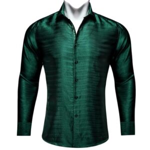 Barry.Wang Mens Shirt Solid Green Dress Shirts Christmas Silk Long Sleeve Button Up Wedding Formal/Casual St.Patrick'sDay