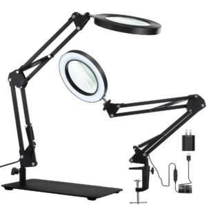 5x & 10x magnifying glass with light and stand, kirkas 2-in-1 stepless dimmable and 3 color modes led magnifying desk lamp, 10x ultra-high magnification glass lens for precision machinery repair-black
