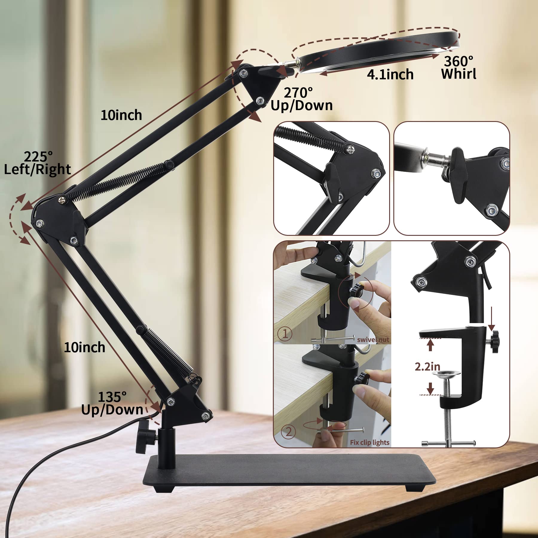 5X & 10X Magnifying Glass with Light and Stand, KIRKAS 2-in-1 Stepless Dimmable and 3 Color Modes LED Magnifying Desk Lamp, 10X Ultra-high Magnification Glass Lens for Precision Machinery Repair-Black