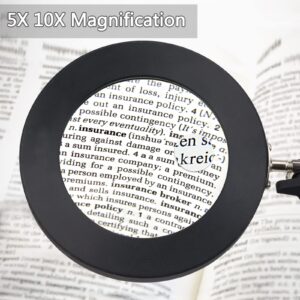 5X & 10X Magnifying Glass with Light and Stand, KIRKAS 2-in-1 Stepless Dimmable and 3 Color Modes LED Magnifying Desk Lamp, 10X Ultra-high Magnification Glass Lens for Precision Machinery Repair-Black