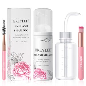 breylee shampoo for lash extensions, 60ml+rinse bottle+brushes, eyelash extension cleanser, lash wash bath, lash cleaner, paraben & sulfate free for salon and home use